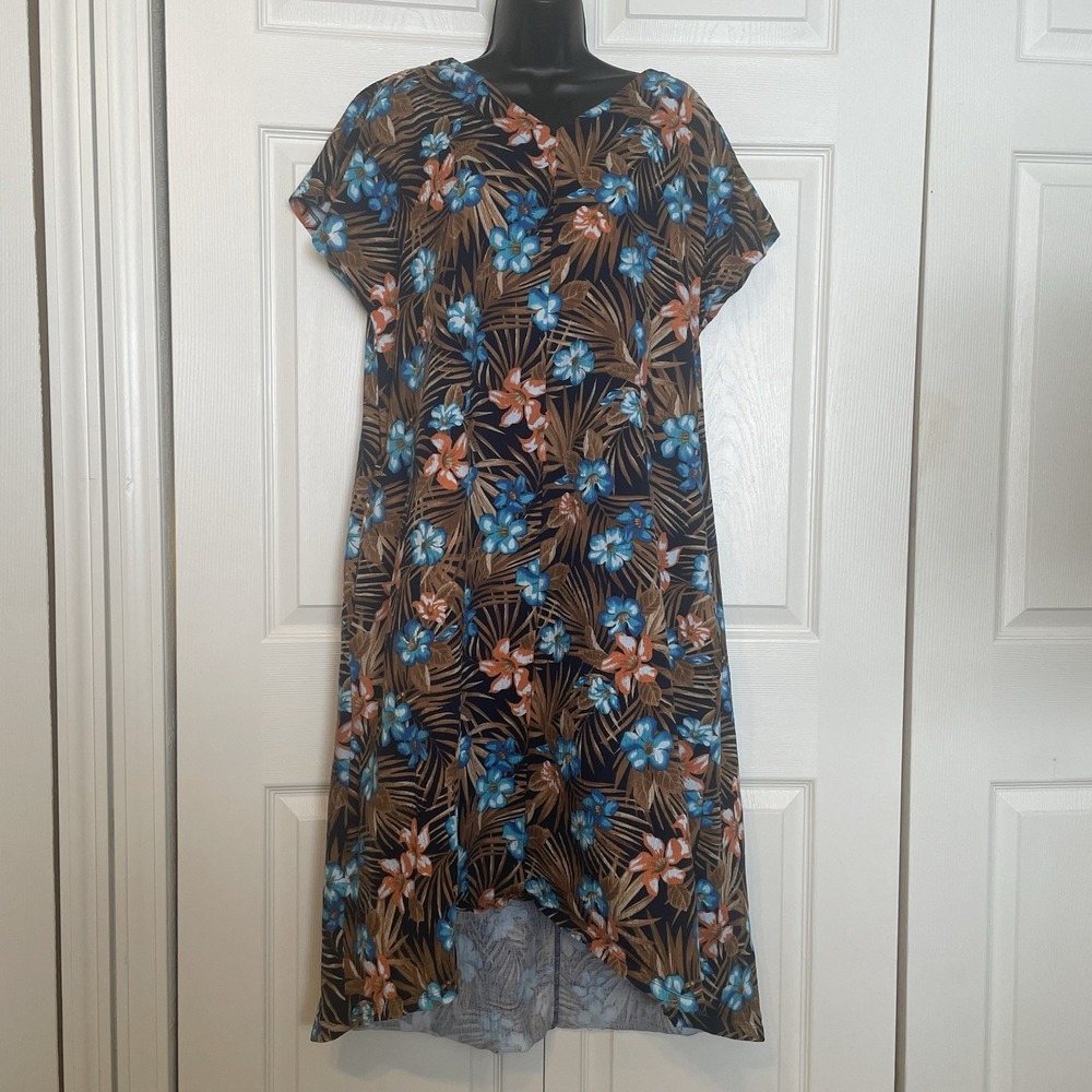Lands End Crinkle Knit Dress Women M‎ Black Blue Floral Short Sleeves High Low